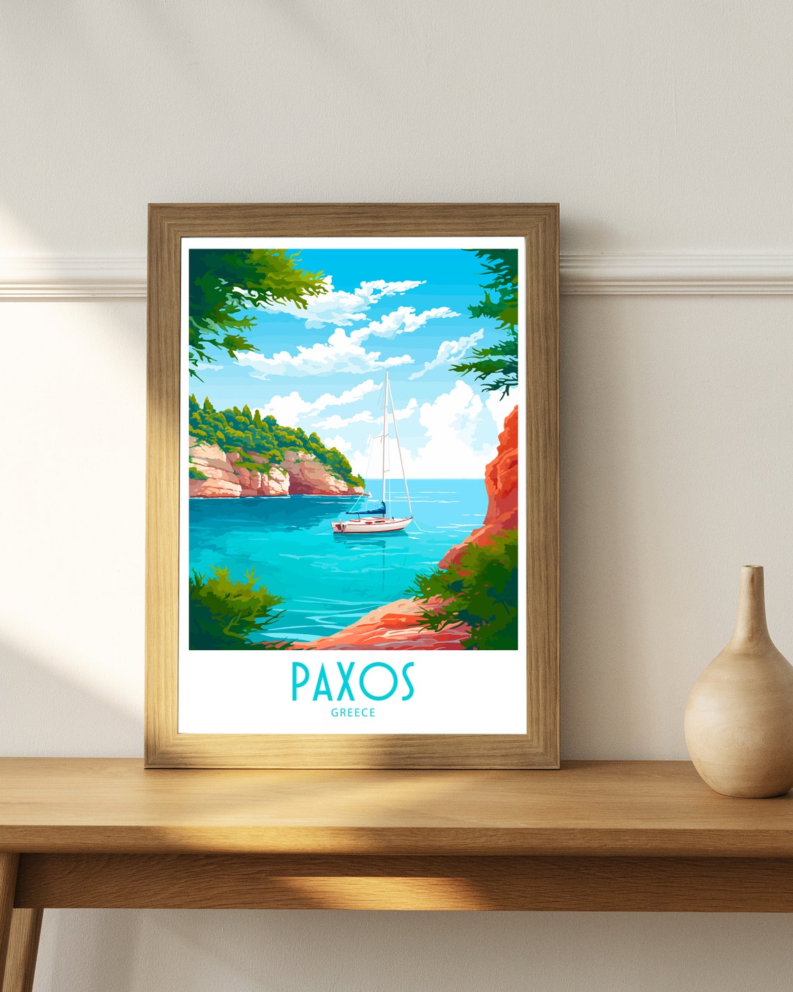 Paxos Greece Sailboat Cove Red Cliff Bay Turquoise Water View Poster - Image 4