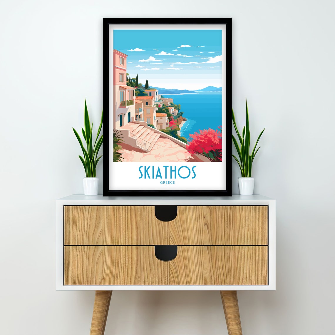 Skiathos Greece Hillside Houses Stone Steps Aegean Sea View Poster - Image 2