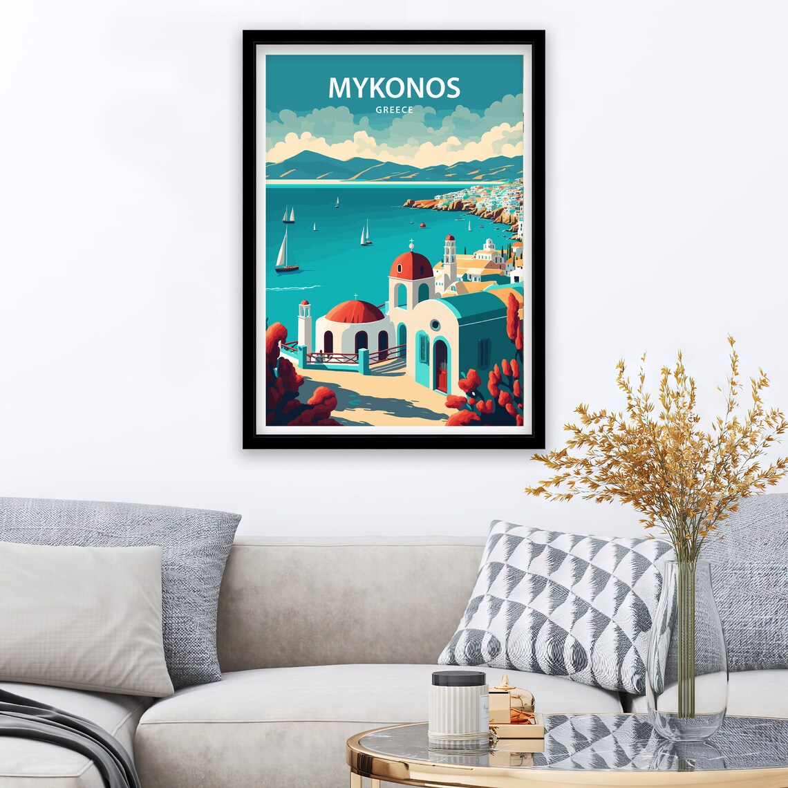 Mykonos Greece Red Domed Church Bay Sailboats Vintage Travel Poster - Image 2
