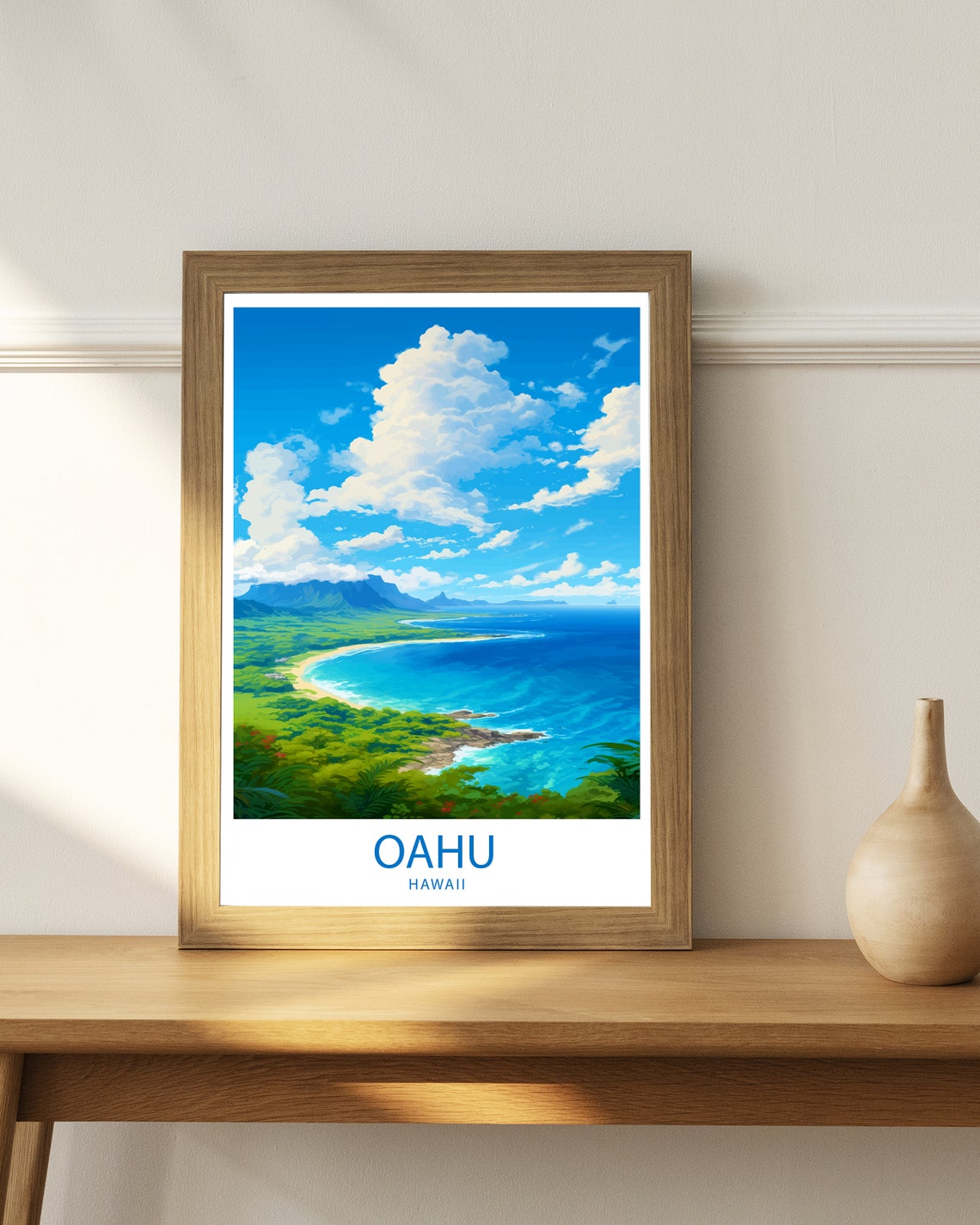 Oahu Hawaii Turquoise Bay Lush Green Hillside Coastline Art Poster - Image 3