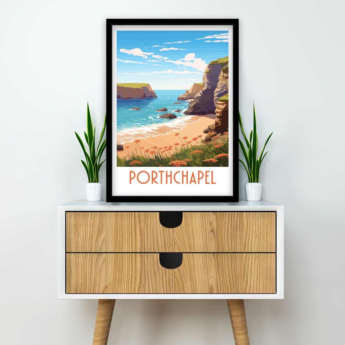 Porthchapel Cornwall Coastal Cliffs Beach Art Illustration Poster - Image 2
