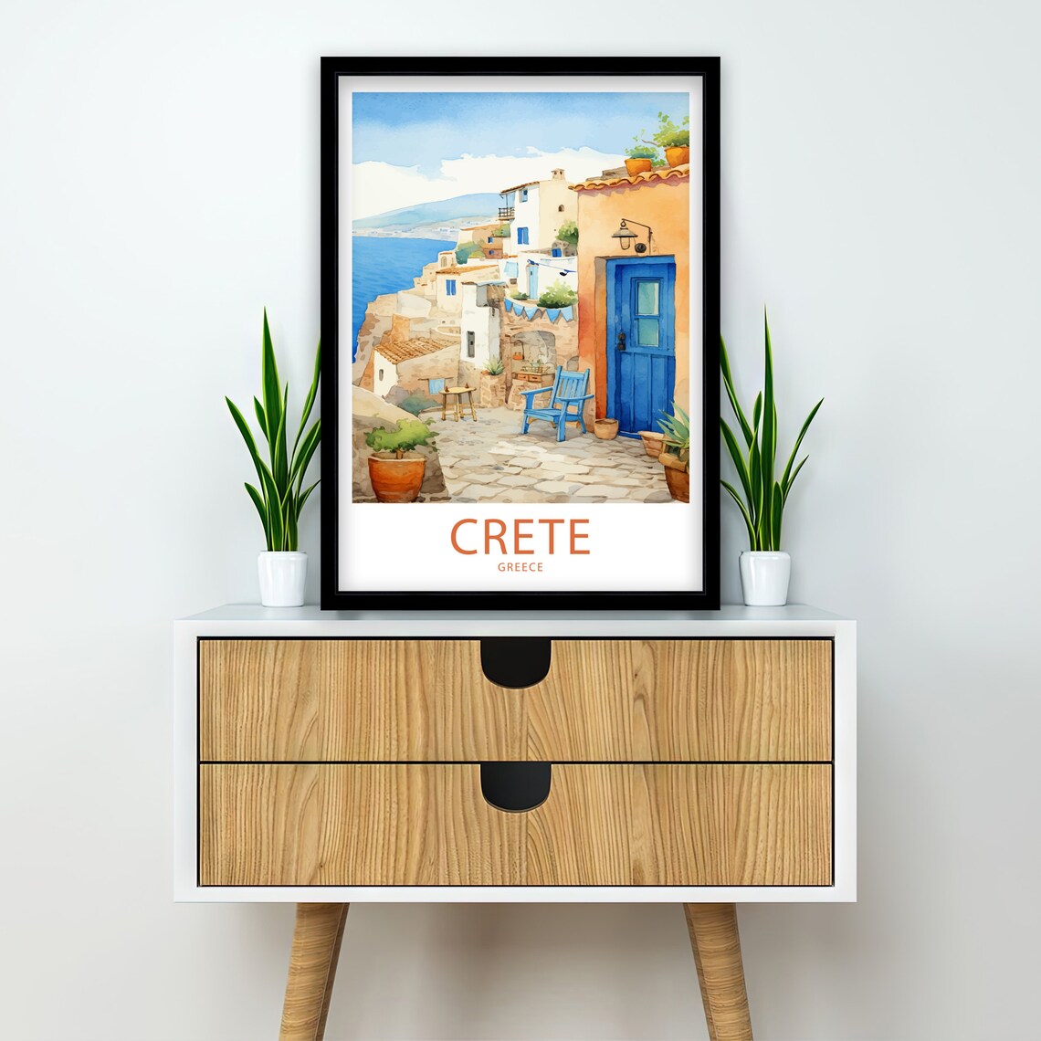 Crete Greece Courtyard Blue Doors Sea View Watercolor Poster - Image 2