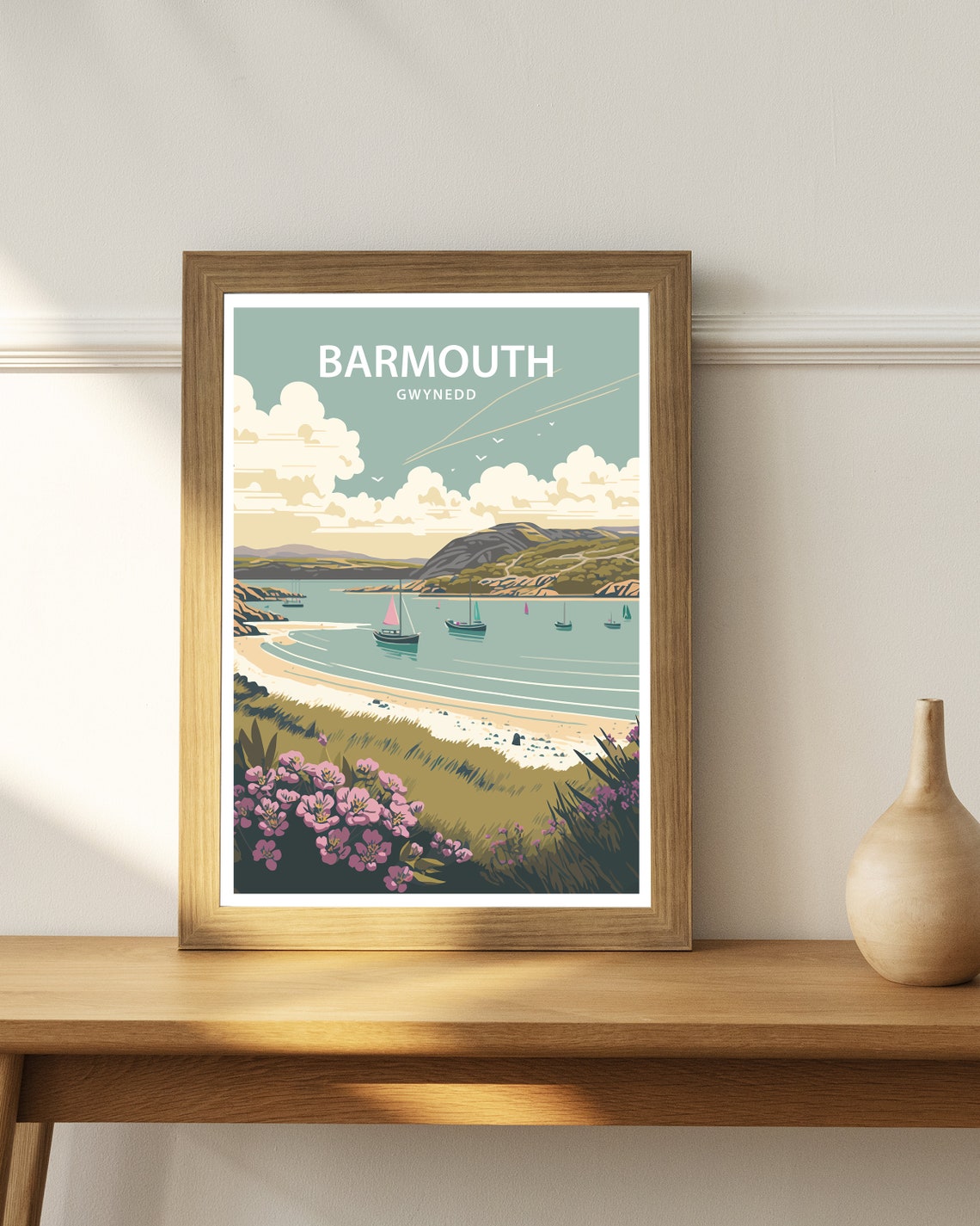 Barmouth Gwynedd Wales Sailboat Harbor Pink Flowers Travel Poster - Image 2