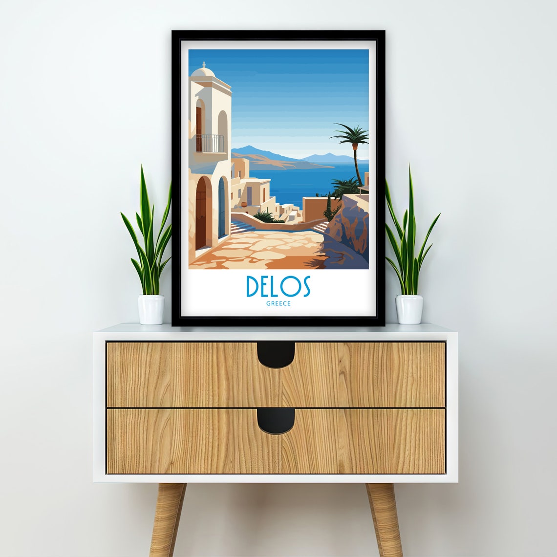 Delos Greece Whitewashed Street Church Tower Palm Tree Sea Poster - Image 2
