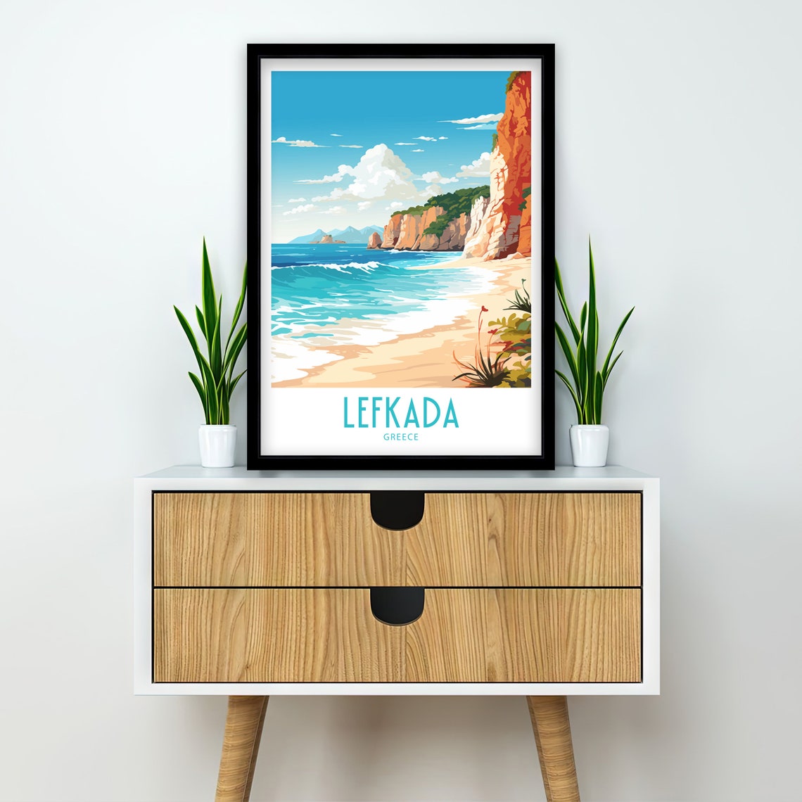 Lefkada Greece Red Cliffs Golden Sandy Beach Retro Travel Poster - Image 2