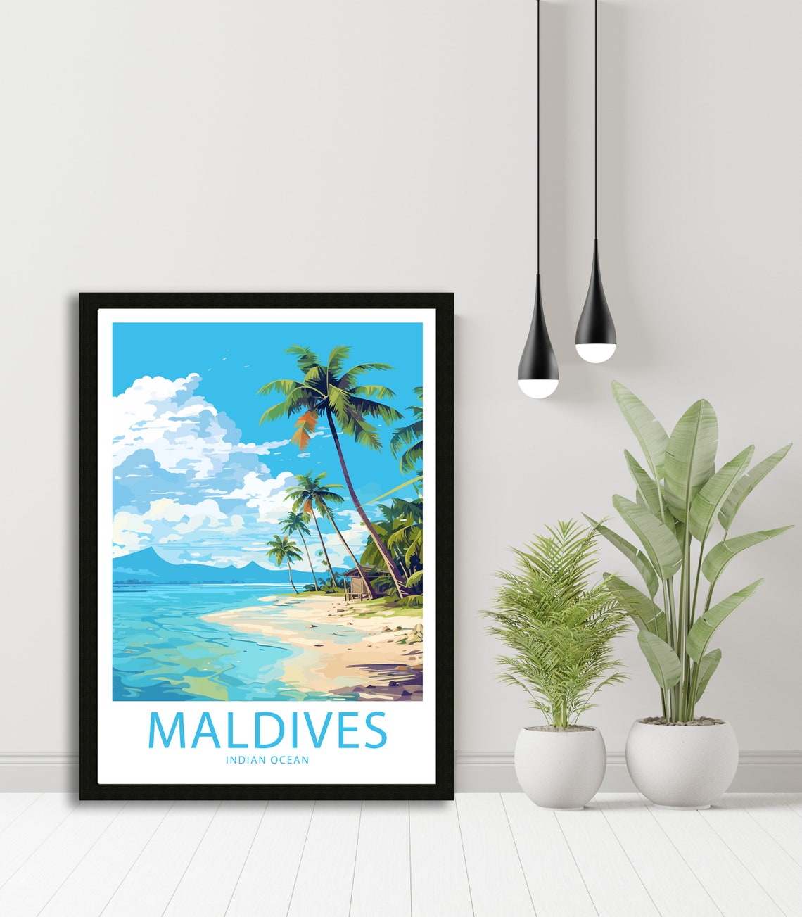 Maldives Indian Ocean Leaning Palms Sandy Beach Clear Blue Sea Poster - Image 4