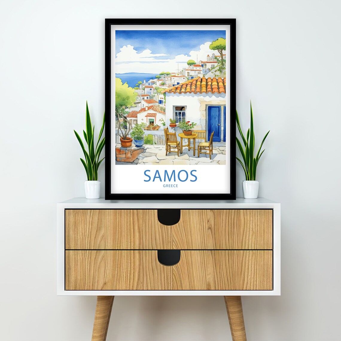Samos Greece Sunlit Terrace Village View Watercolor Travel Poster - Image 2