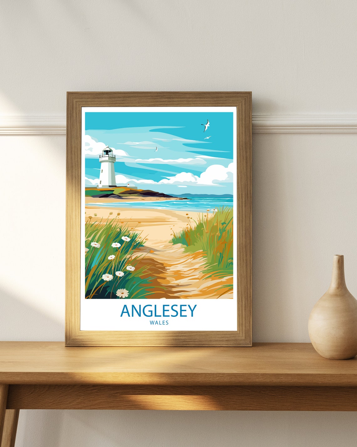 Anglesey Wales Lighthouse on a Sandy Beach Coastal Scene Poster - Image 3