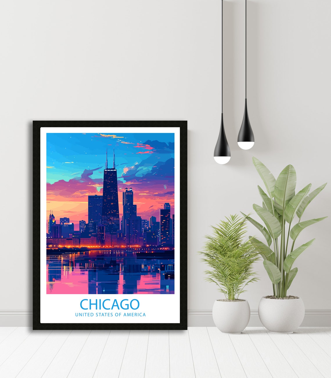 Chicago Illinois Sunset Downtown Skyline Lake Reflection Travel Poster - Image 4