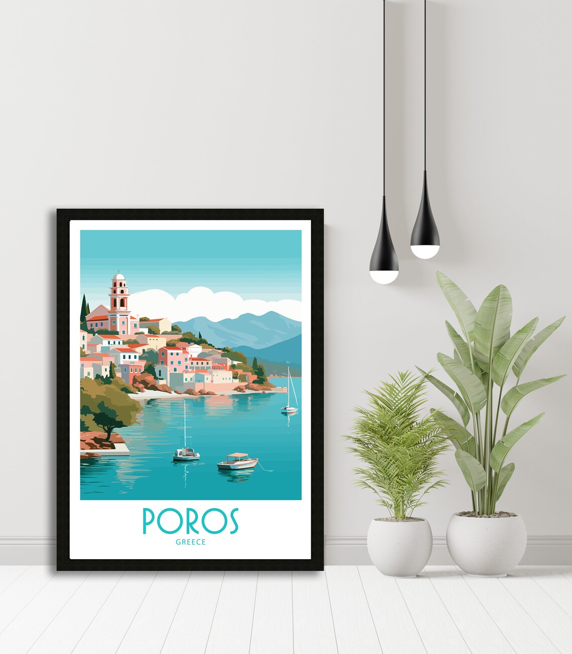 Poros Greece Hillside Town Church Bell Tower Sailboat Bay View Poster - Image 5