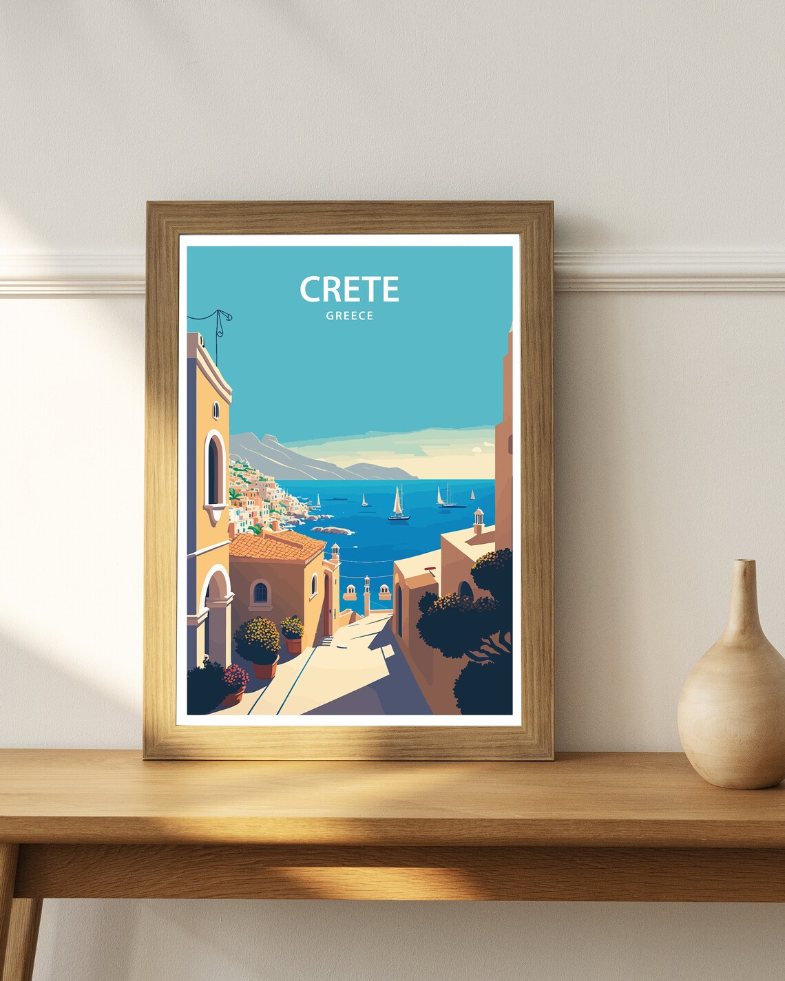 Crete Greece Sunlit Street Bay Sailboats Mountains Travel Poster - Image 3