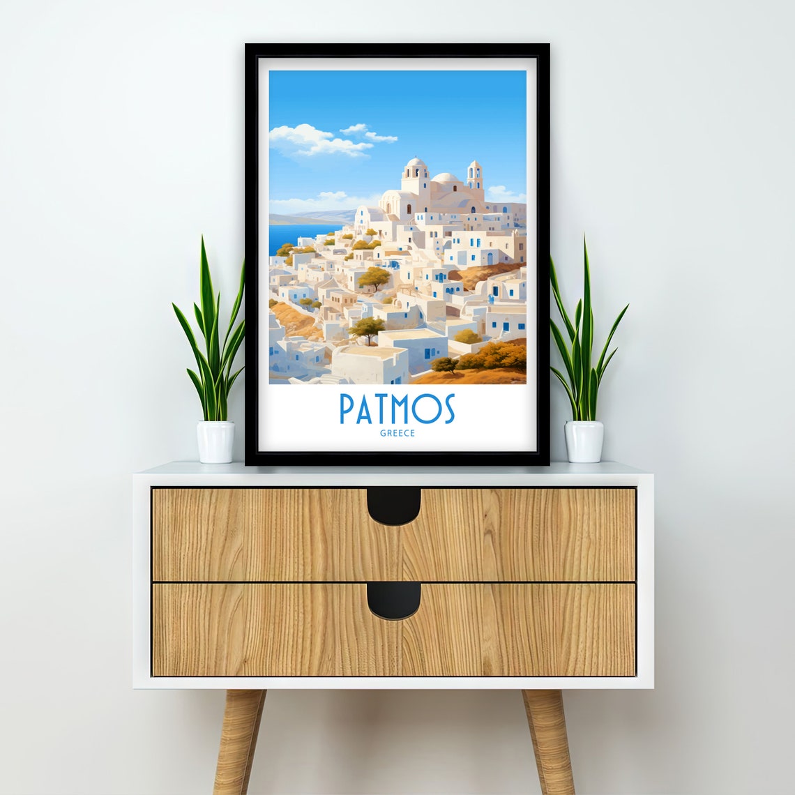 Patmos Greece Hilltop Town Domed Church Olive Trees Travel Art Poster - Image 2