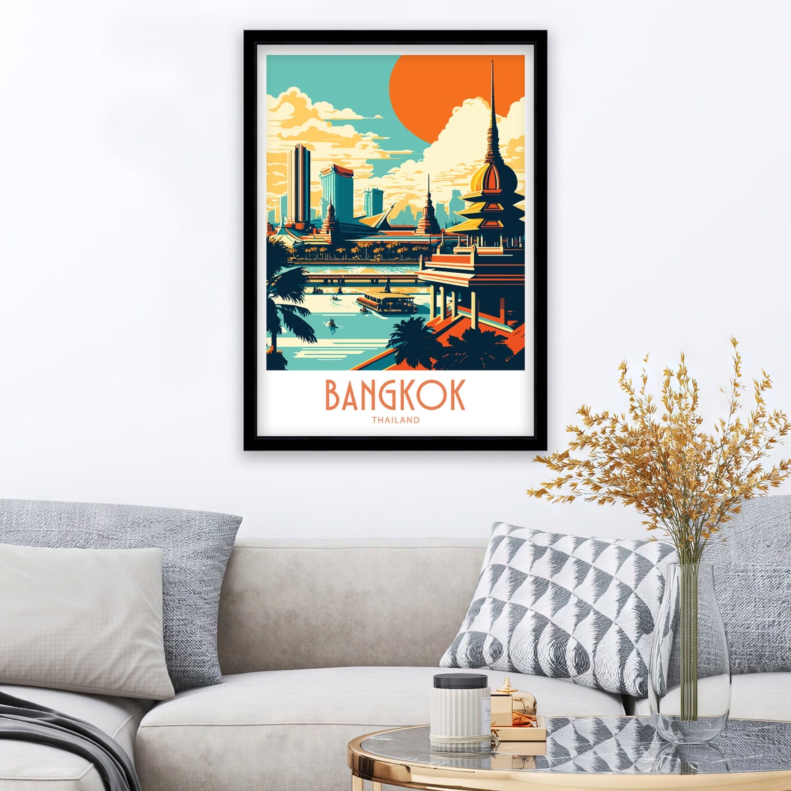 Bangkok Thailand Sunset Skyline With Temples And River Travel Poster - Image 3