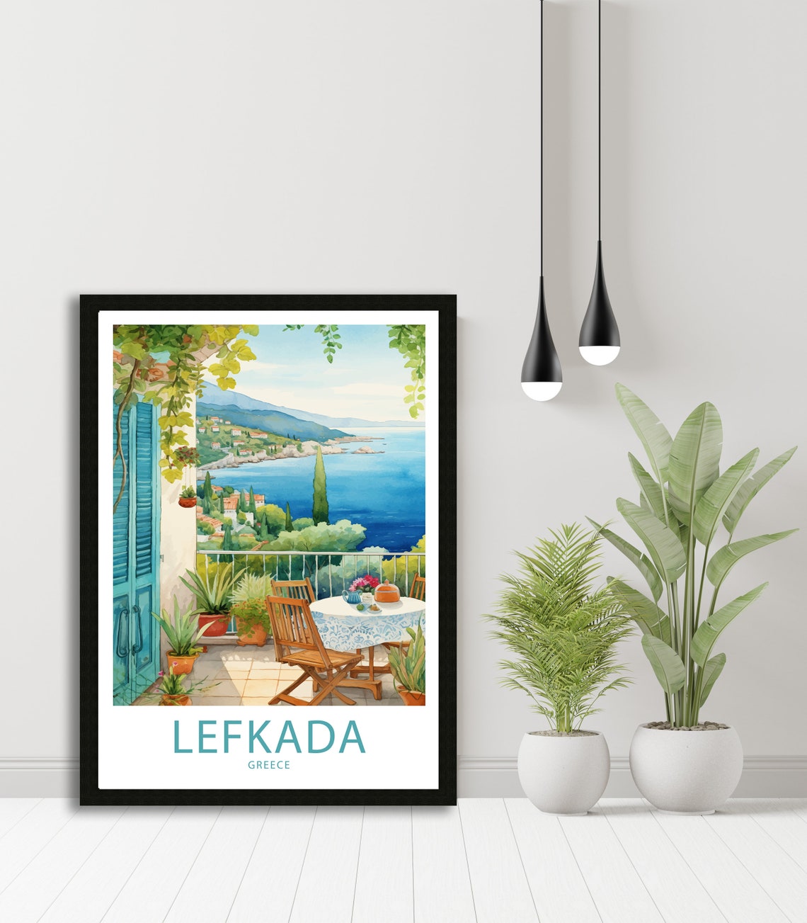 Lefkada Greece Sunny Terrace Sea View Watercolor Travel Poster - Image 5