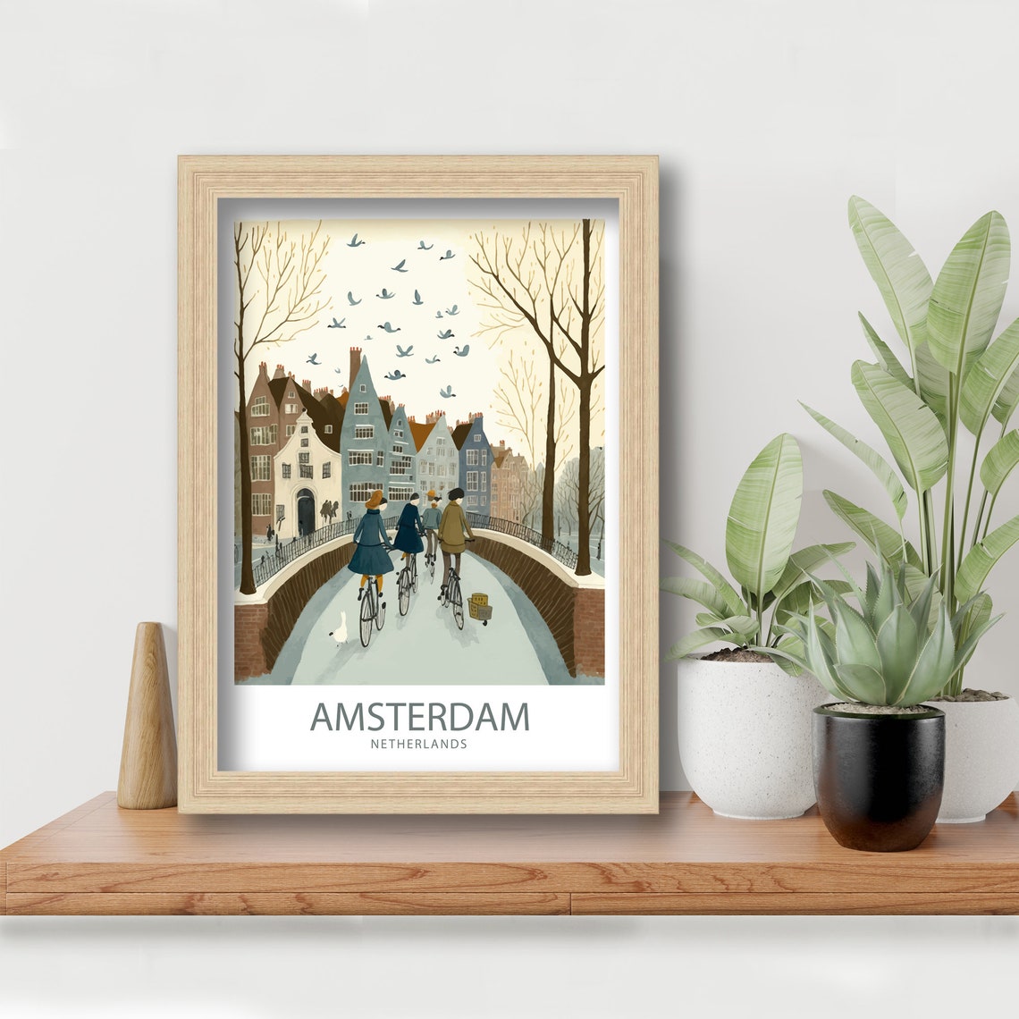 Amsterdam Netherlands Winter Canal Bridge Cyclists Art Poster - Image 5