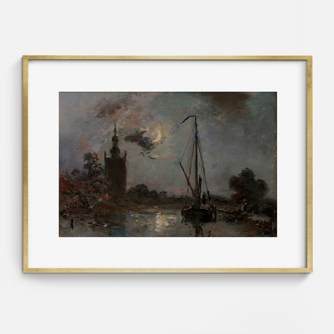 Crescent Moon Church Tower Harbor Sailboat Moody Night Art Poster - Image 2