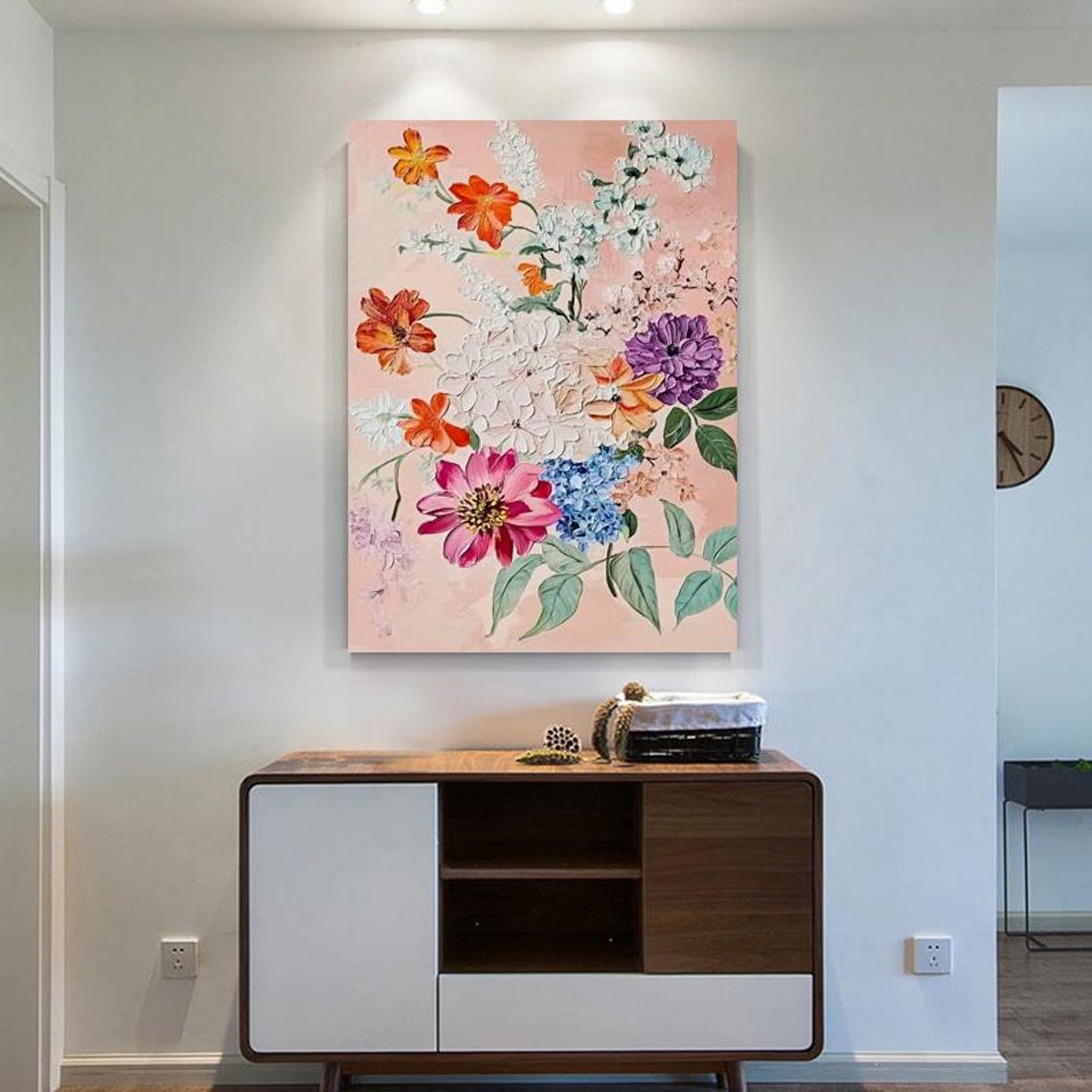 Soft Pastel Floral Bouquet Blooming on Blush Pink Vertical Wall Art - Image 2