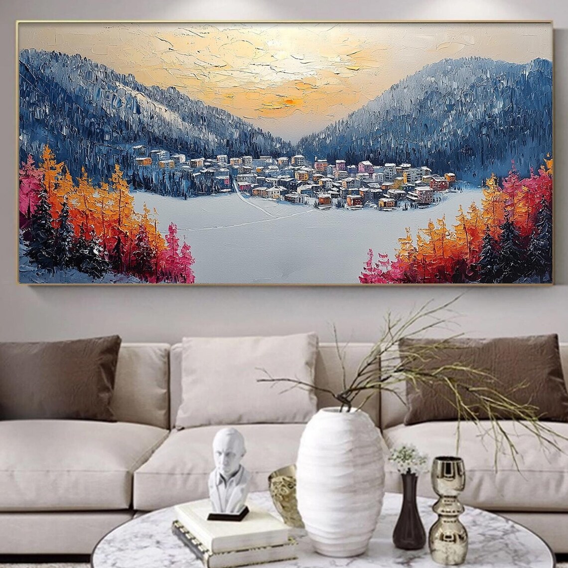 Snowy Mountain Village Golden Larch Sunset Impasto Winter Art Poster - Image 5