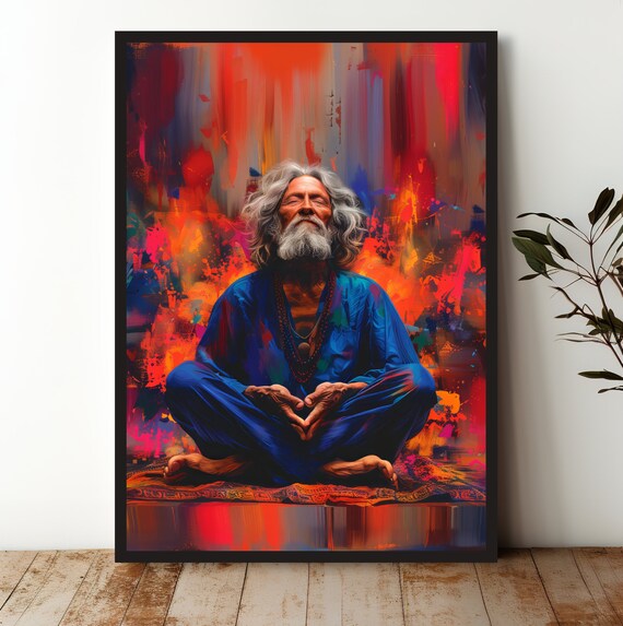 Meditating Sage Vibrant Lotus Pose Spiritual Portrait Art Poster