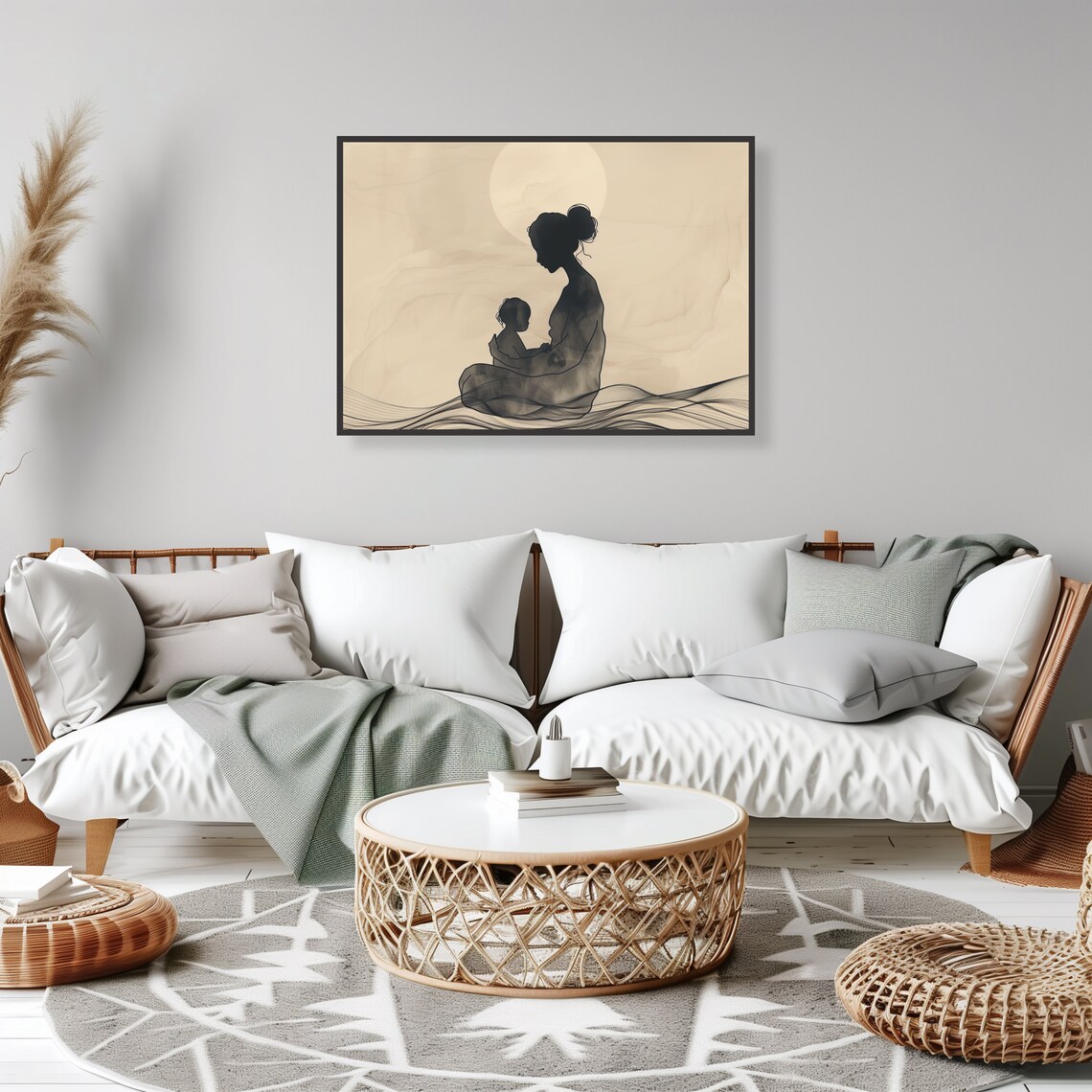 Mother Holding Child Silhouette Moon Watercolor Tender Family Art Poster - Image 2