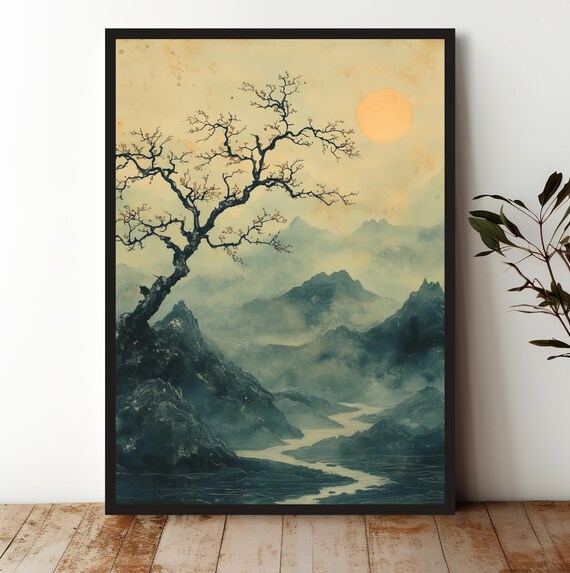Serene Mountain Landscape Wall Art Print Minimalist Tree With Golden Sun Poster Japanese Inspired Nature Decor