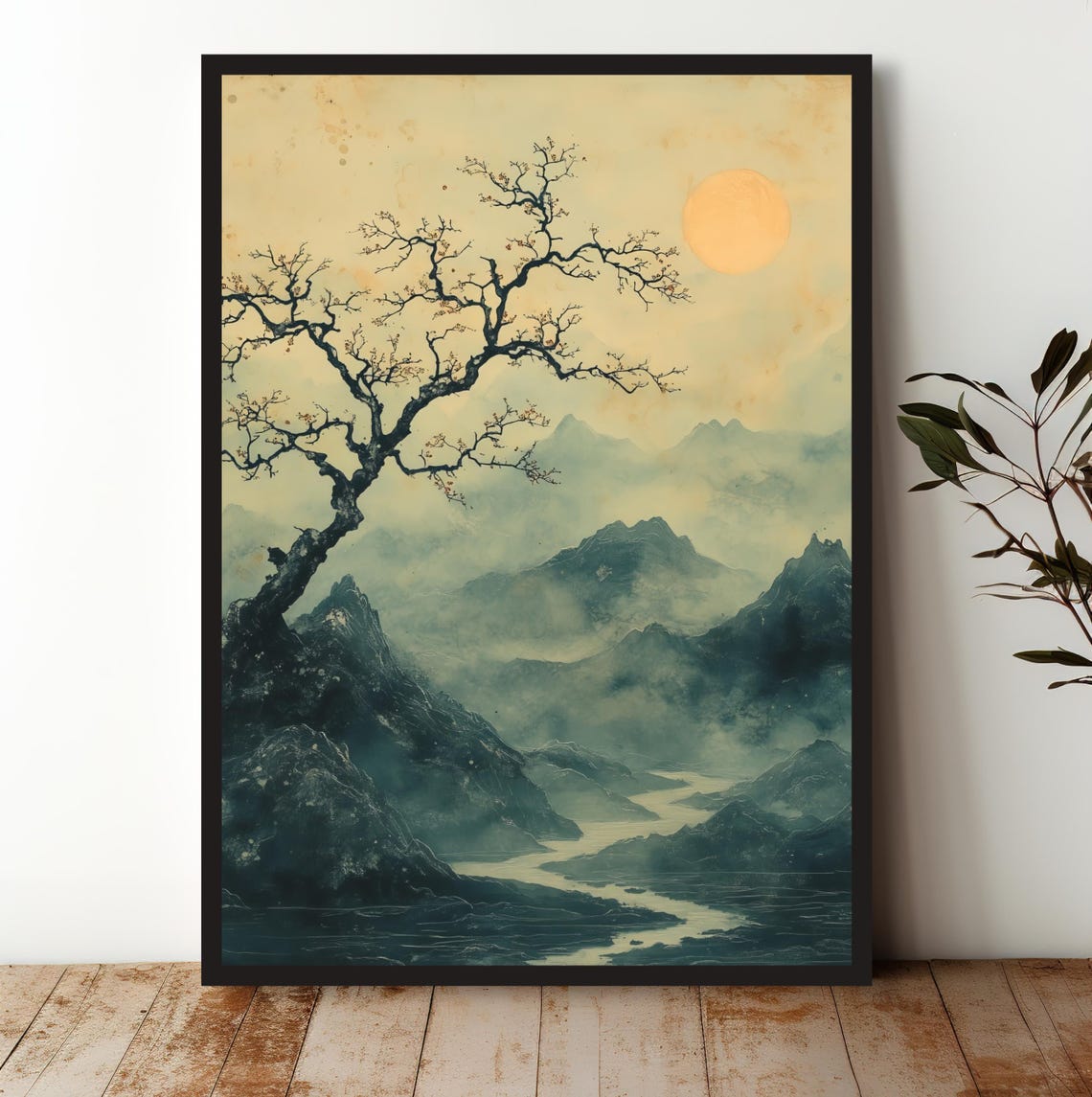 Japanese Ink Wash Mountain Tree Golden Sun Scene Design Art Print