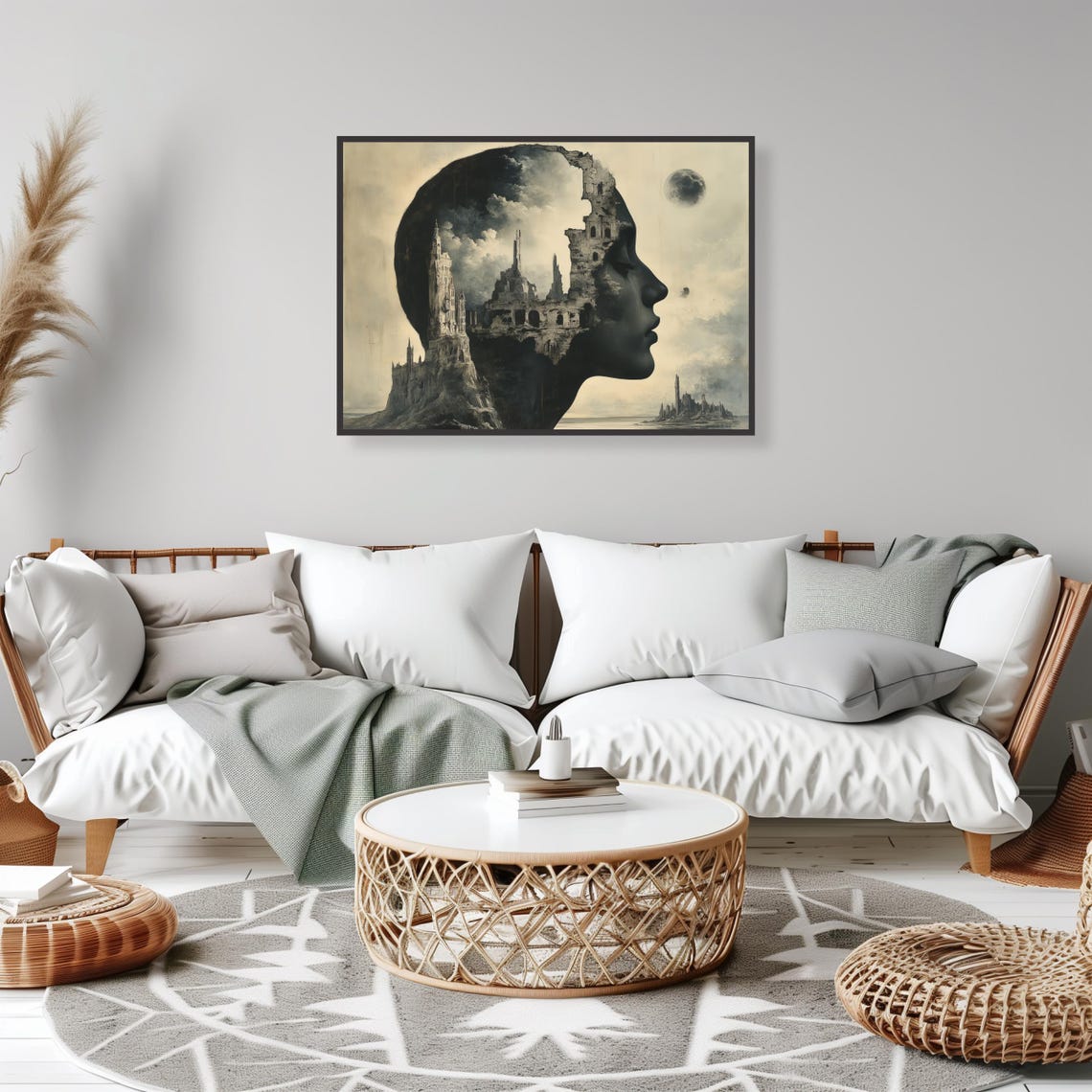 Surreal Landscape With Womans Profile Art Print Mystical Ruins And Moonlit Sky Fantasy Dreamscape Wall Decor - Image 2