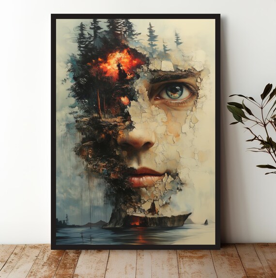 Surreal Nature Art Print Abstract Forest Fire Face Poster Dreamy Landscape Decor Museum Quality Unframed Art
