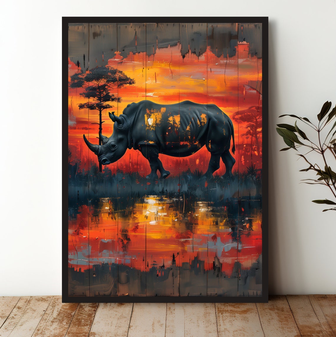 African Rhino Sunset Savanna Dramatic Fiery Abstract Style Poster