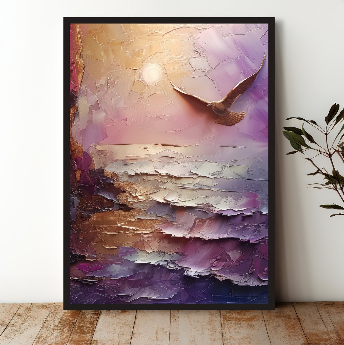 Seagull Purple Ocean Sunset Impasto Coastal Flight Art Poster