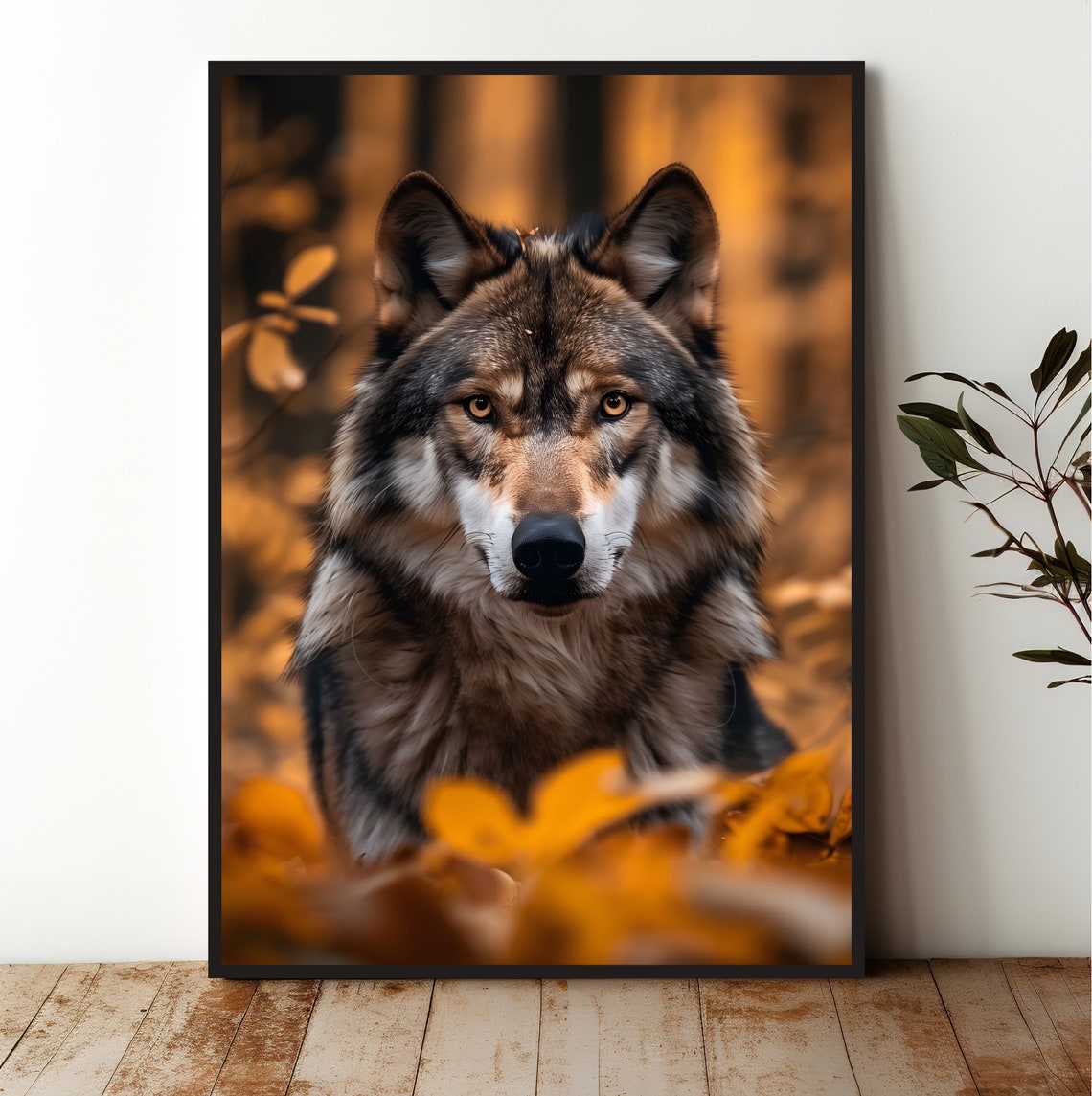 Wolf Autumn Forest Golden Leaves Intense Wildlife Art Poster