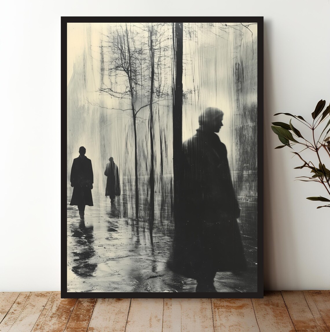 Rainy City Street Silhouettes Moody Monochrome Urban Art Print