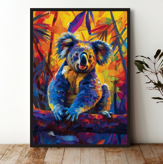 Colorful Koala Sitting in Eucalyptus Vibrant Rainbow Wildlife Art Poster