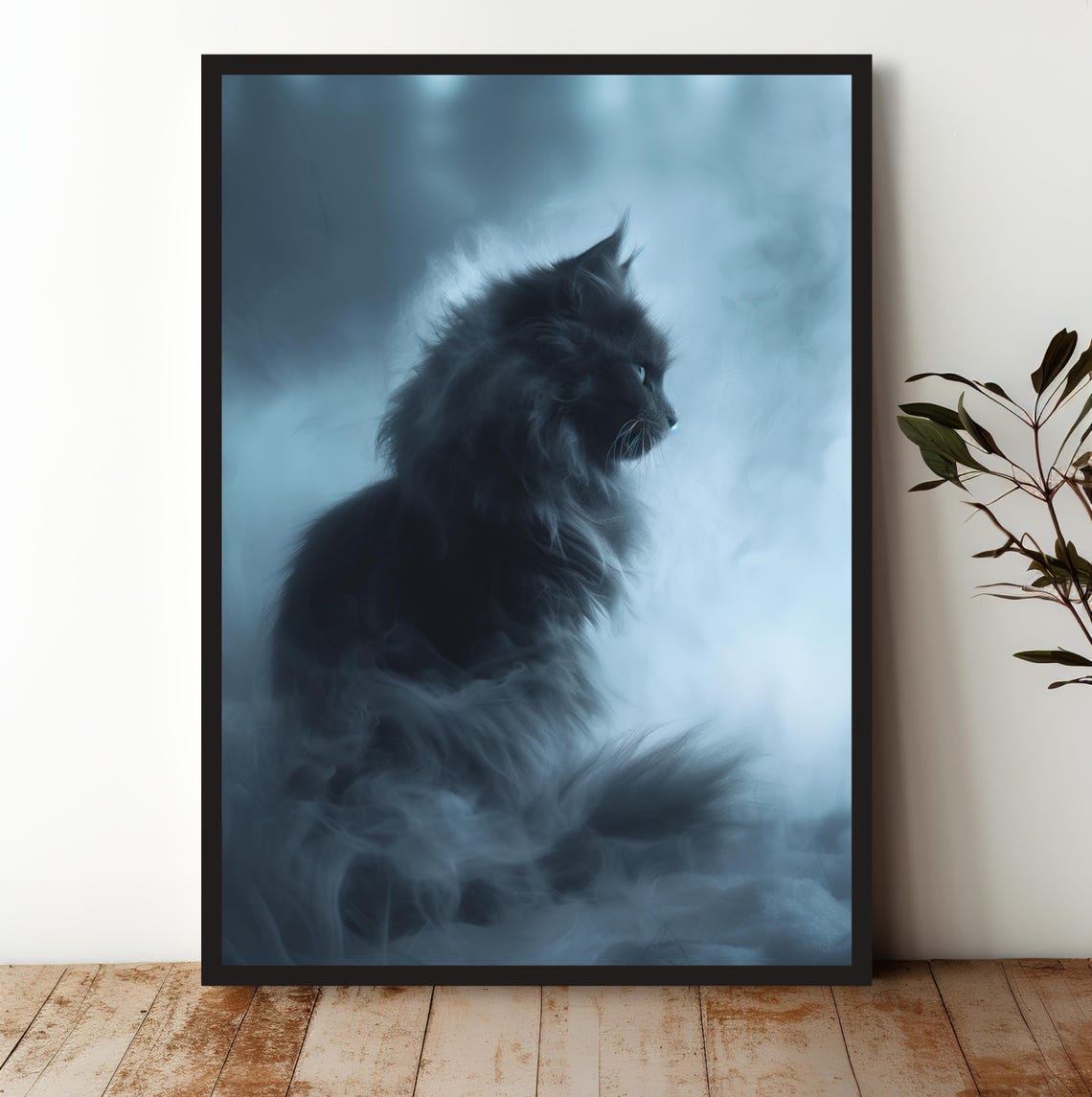 Mysterious Black Cat in Blue Mist Moody Feline Portrait Art Poster