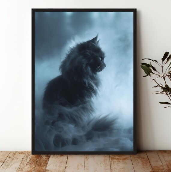 Mysterious Black Cat in Blue Mist Moody Feline Portrait Art Poster