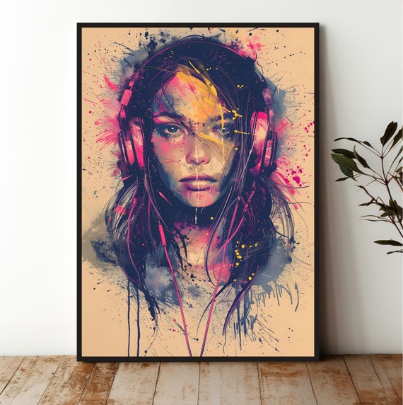 Vibrant Girl Headphones Wall Art Print Neon Urban Portrait Dcor Modern Graffiti Artwork Museum Quality Unframed Art