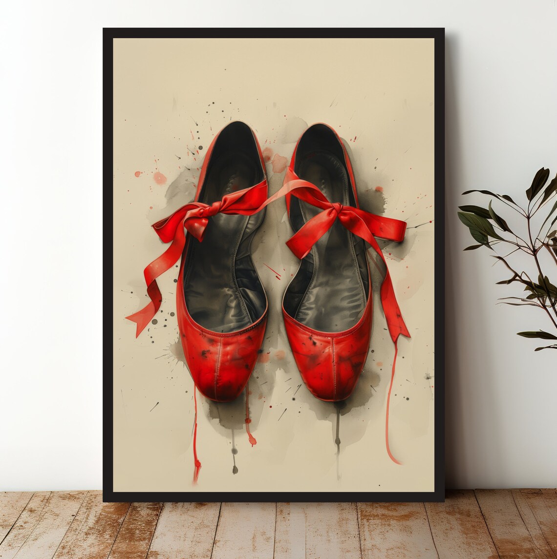 Red Ballet Shoes With Ribbons Watercolor Dance Decor For Girls Room Poster