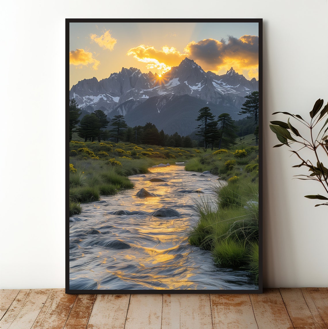 Epic Mountain River Sunset Golden Light Alpine Stream Art Poster