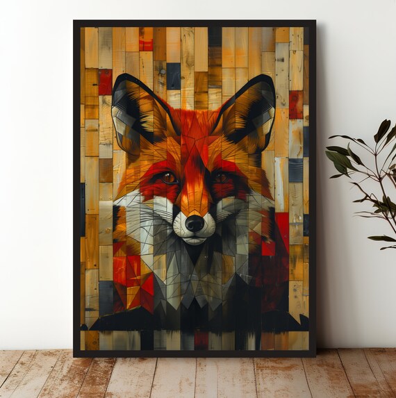 Vibrant Geometric Fox Portrait Abstract Stained Glass Style Poster