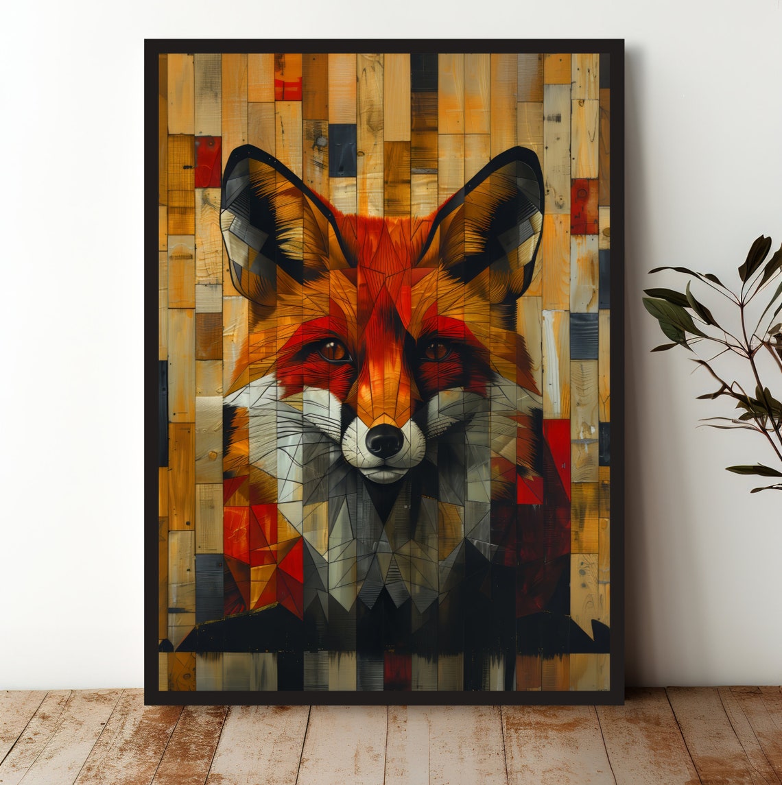Vibrant Geometric Fox Portrait Abstract Stained Glass Style Poster