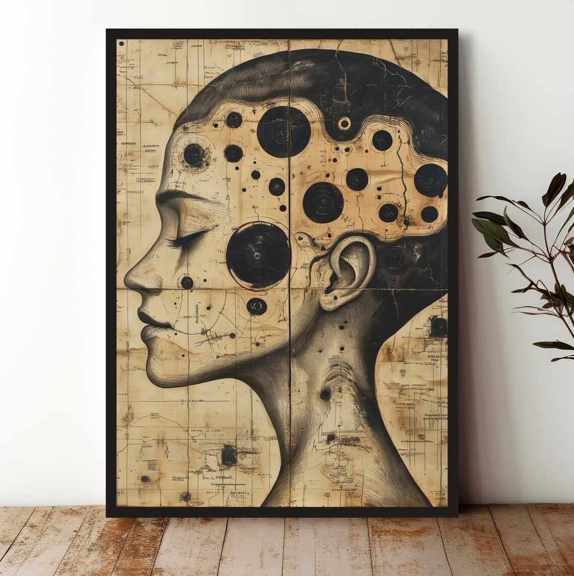 Surreal Woman Profile Vintage Map Paper Surrealism Art Print
