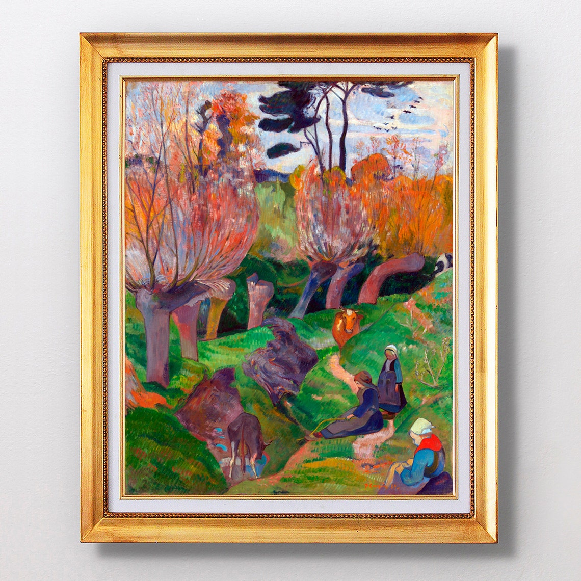 Paul Gauguin Autumn Trees Riverbank Figures Cattle Painting Poster