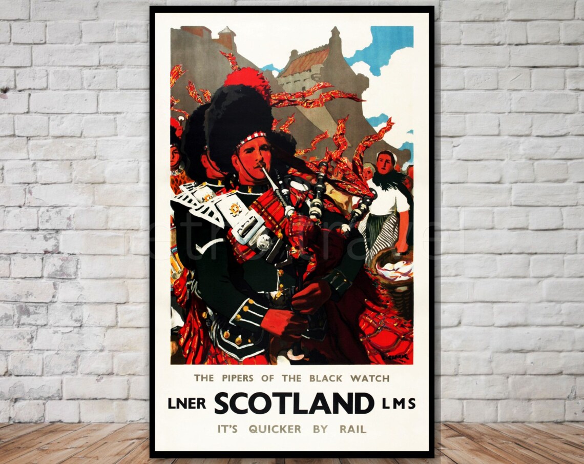 Scotland Black Watch Pipers LNER LMS Quicker by Rail Travel Poster