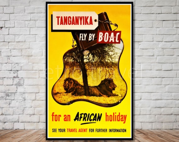 Tanganyika Fly BOAC Vintage Airline Poster Lions African Safari Art