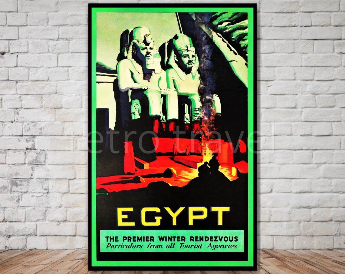 Egypt Travel Poster, Ramses Statue Abu Simbel Retro