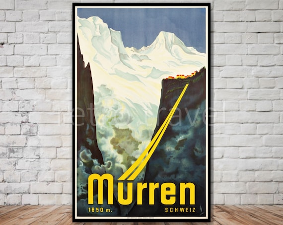 Murren Switzerland Retro Travel Poster, Swiss Mountains