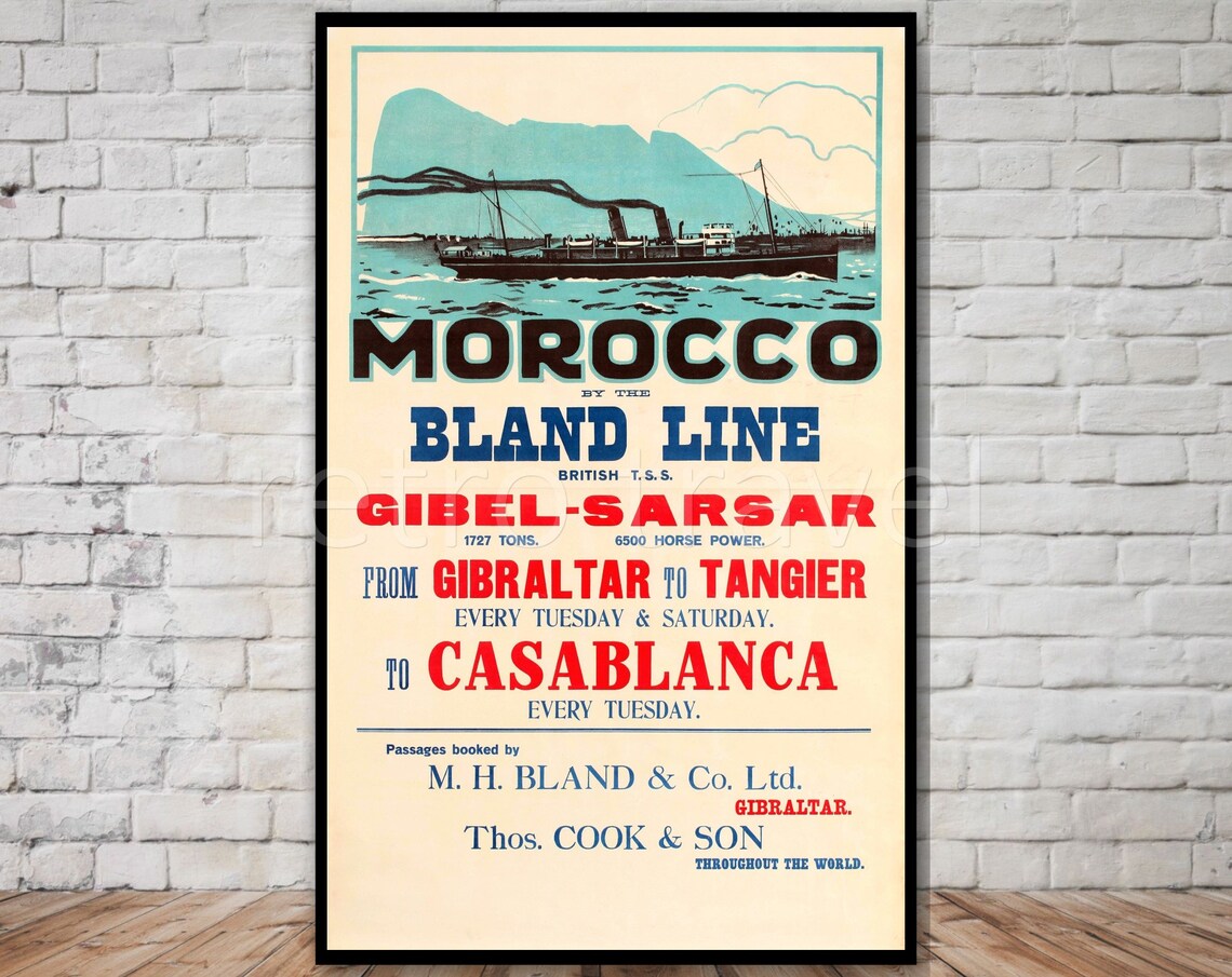 Morocco Bland Line Vintage Ship Poster Gibel Sarsar Gibraltar Route
