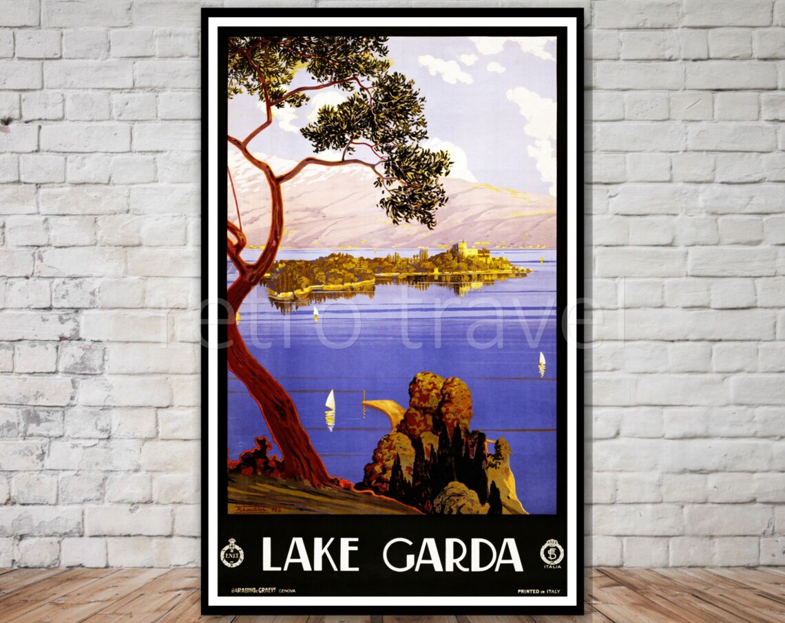 Lake Garda Italy Vintage Travel Poster Island Sailboats Pine Tree