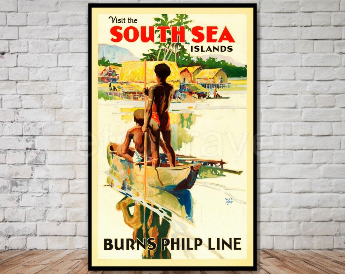 South Sea Islands Burns Philp Line Canoe Vintage Travel Poster