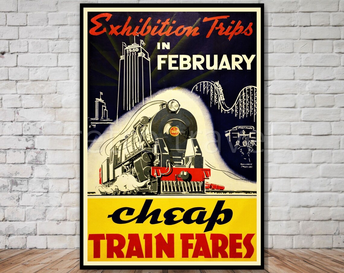 Exhibition Trips February Vintage Steam Train Poster Cheap Fares Art